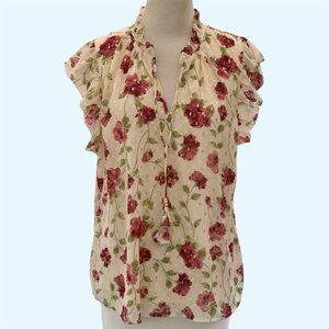 Haver & Blair Cream Chiffon Red Floral Gold Flecked Ruffle Blouse ~ Women’s XL